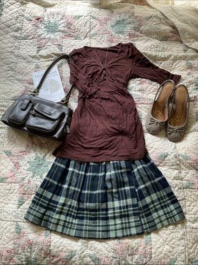 Handmade vintage Pleated Mini Skirt in Navy and Olive Plaid